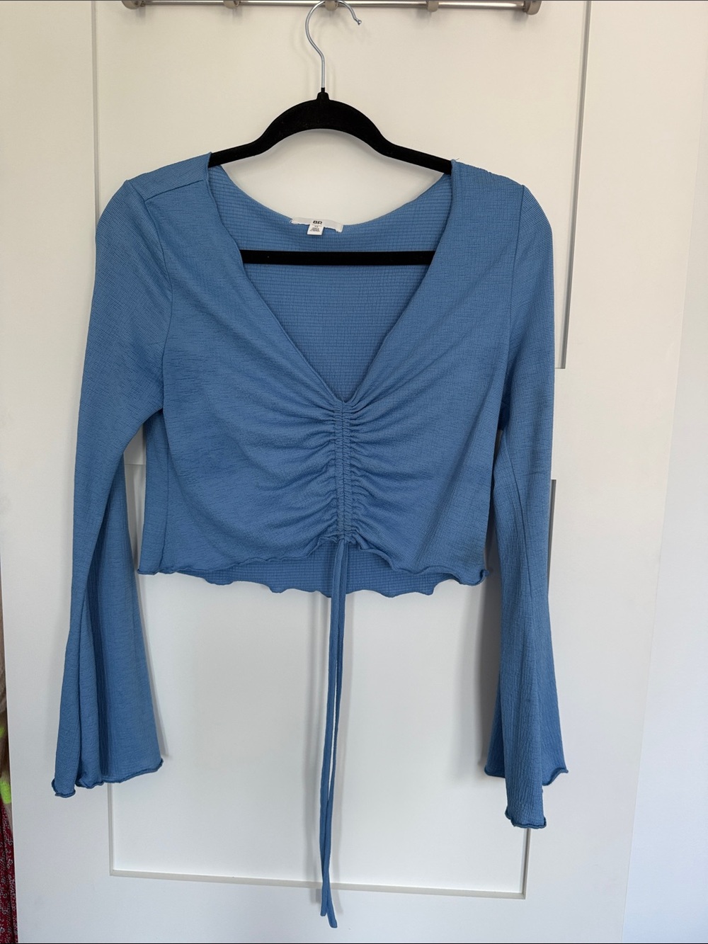 bp Blue Ruched Tie-Front Long Sleeve Crop Top